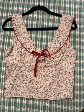 Floral Ruffle Tie-Front Crop Top - Pink on White